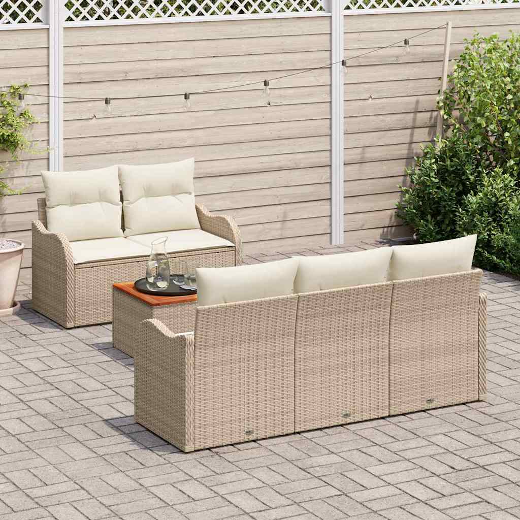 vidaXL 6-delige tuinset met kussens in beige poly rattan en acacia