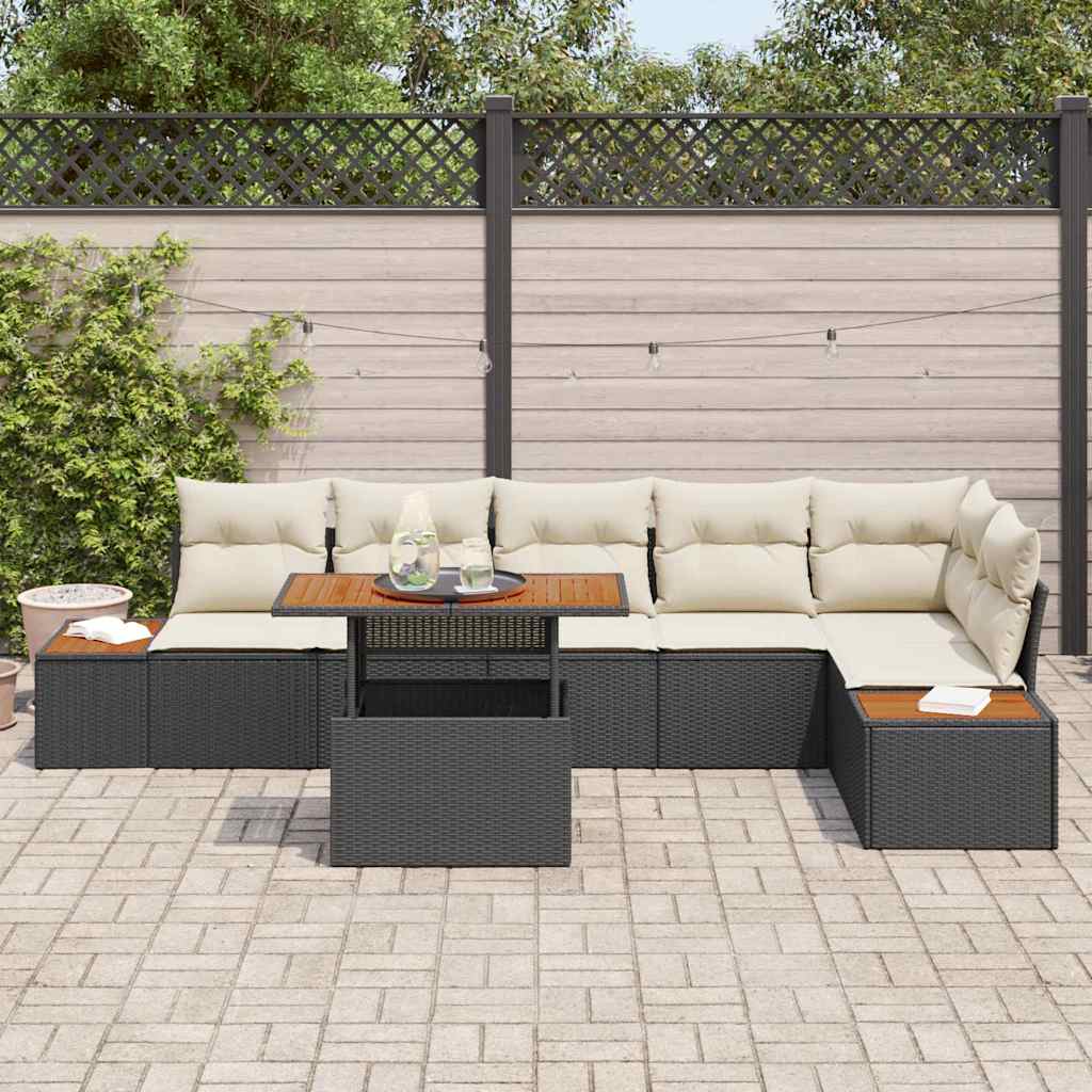 vidaXL 7-delige tuinset met kussens in zwarte poly rattan en acacia.