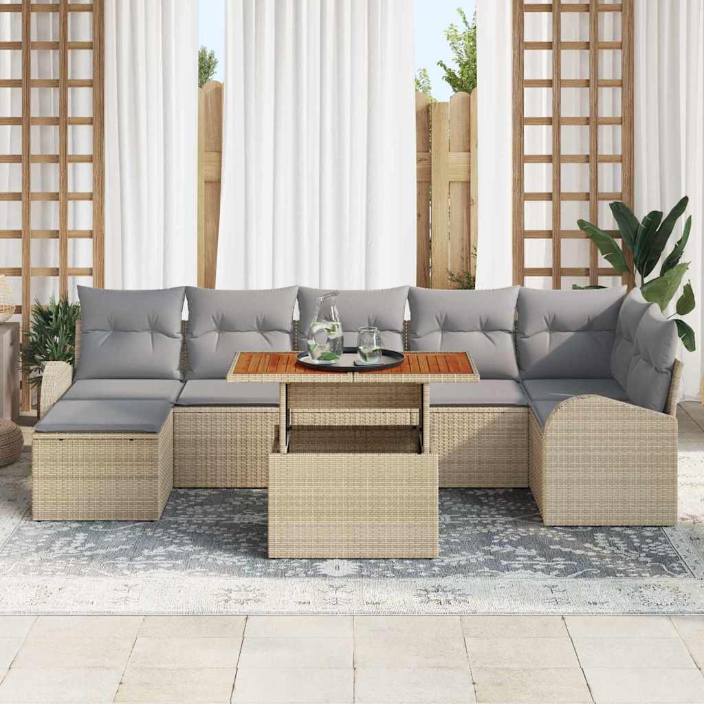 vidaXL 8-delige tuin-eettafelset met kussens in beige poly rattan en acacia