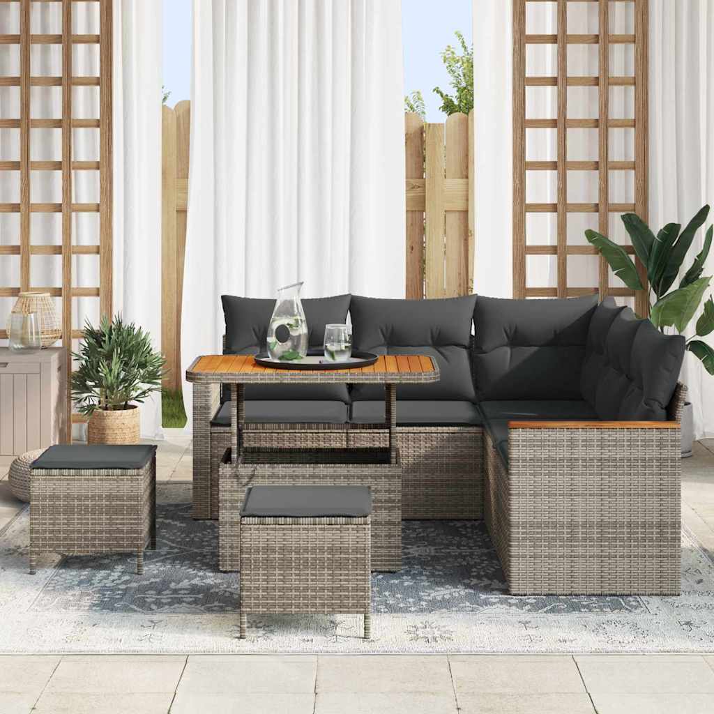 vidaXL 8-delige tuinset met kussens, grijs poly riet, acaciahouten tafel
