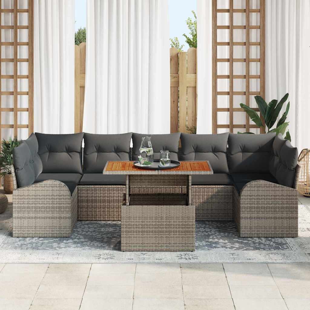 vidaXL 8-delige tuinset met kussens in grijs poly rattan en acacia