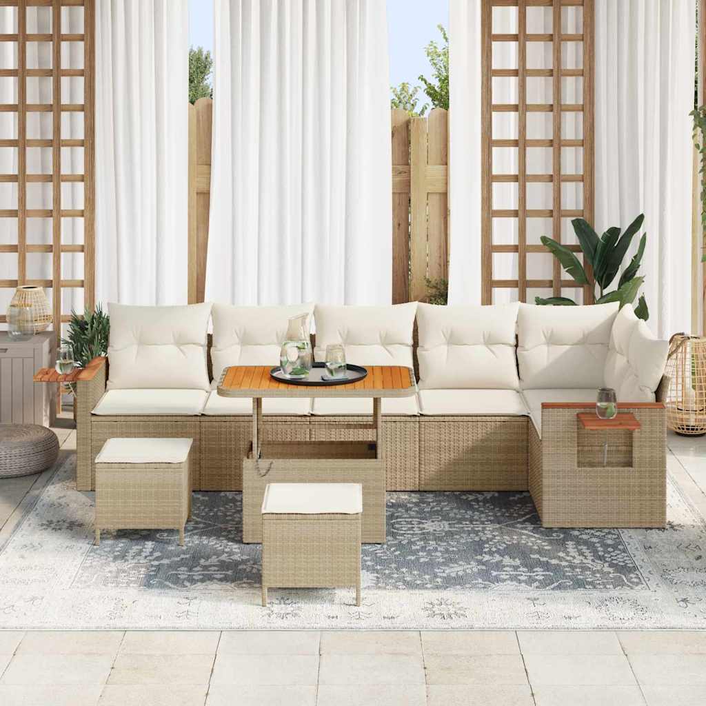vidaXL 9 delige tuin sofa set met kussens - Beige Poly Riet en Acacia