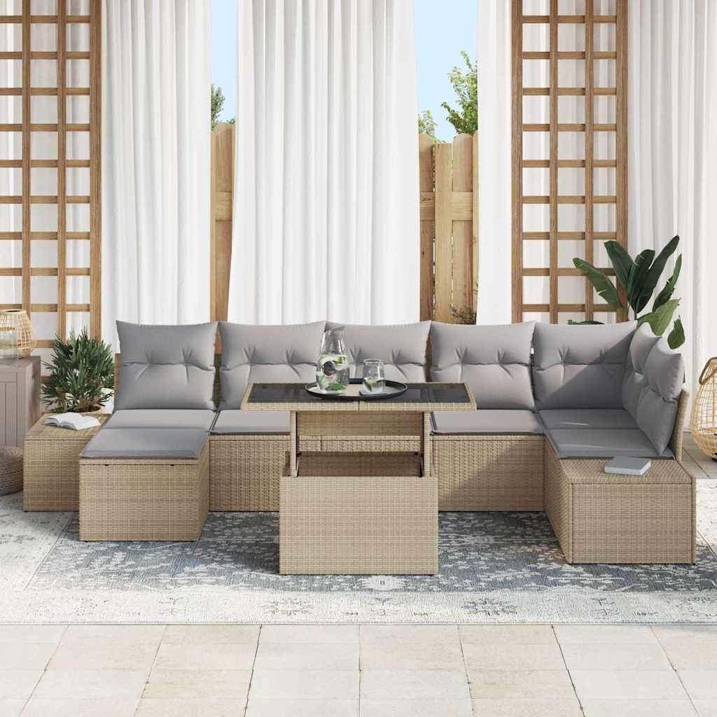 vidaXL 8-delige tuinbankset met kussens in beige poly rattan