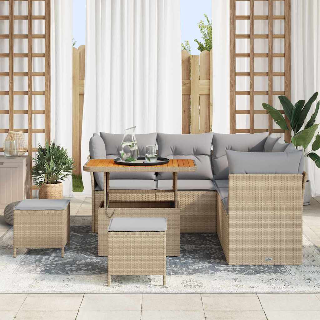 vidaXL 8-delige tuinsofa set met beige kussens van poly rattan en acacia