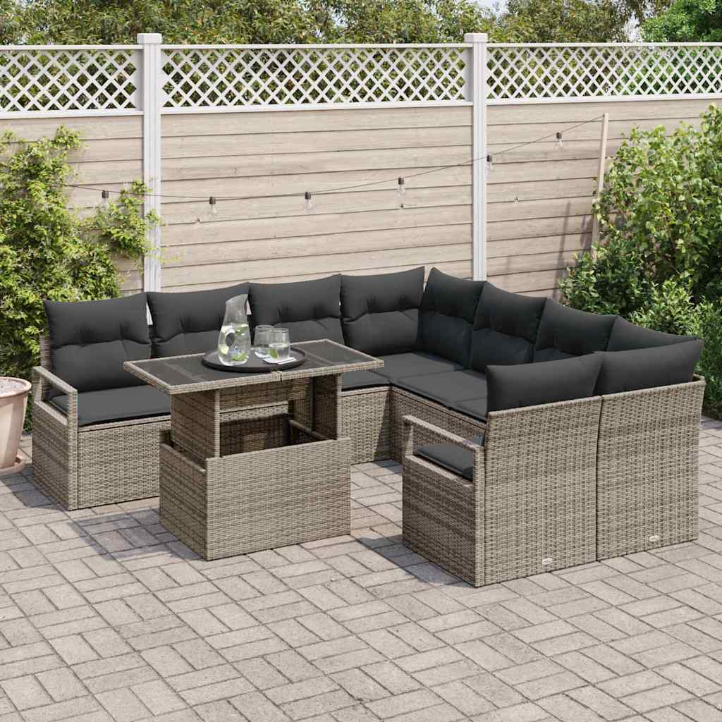 vidaXL 9-delige tuinset met kussens in grijs, van poly rattan