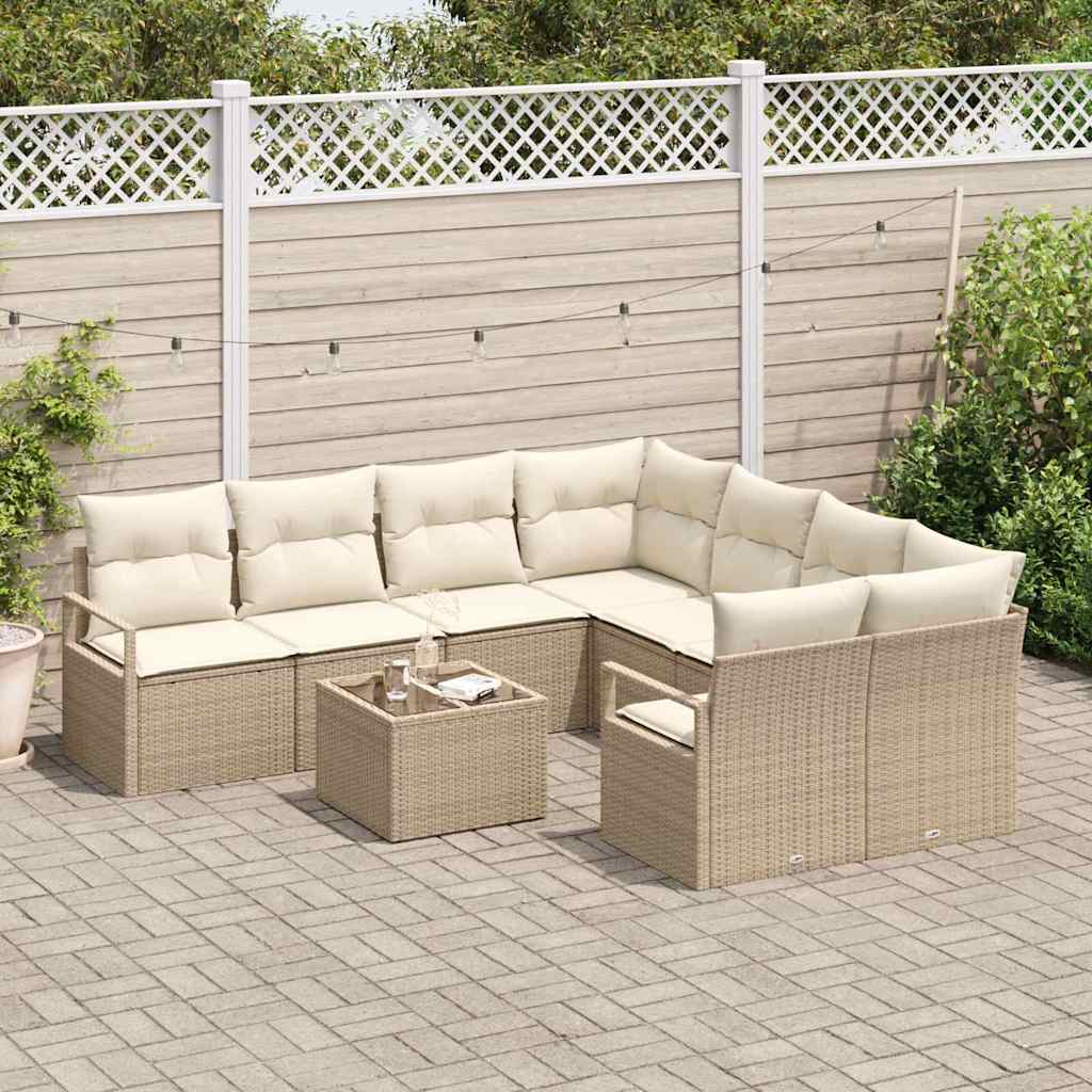 vidaXL 9-delige tuinbankset met kussens in beige poly rattan