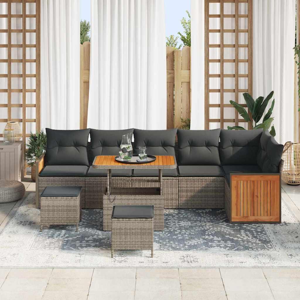 vidaXL 9-delige Tuinbankenset met kussens poly rattan acacia grijs