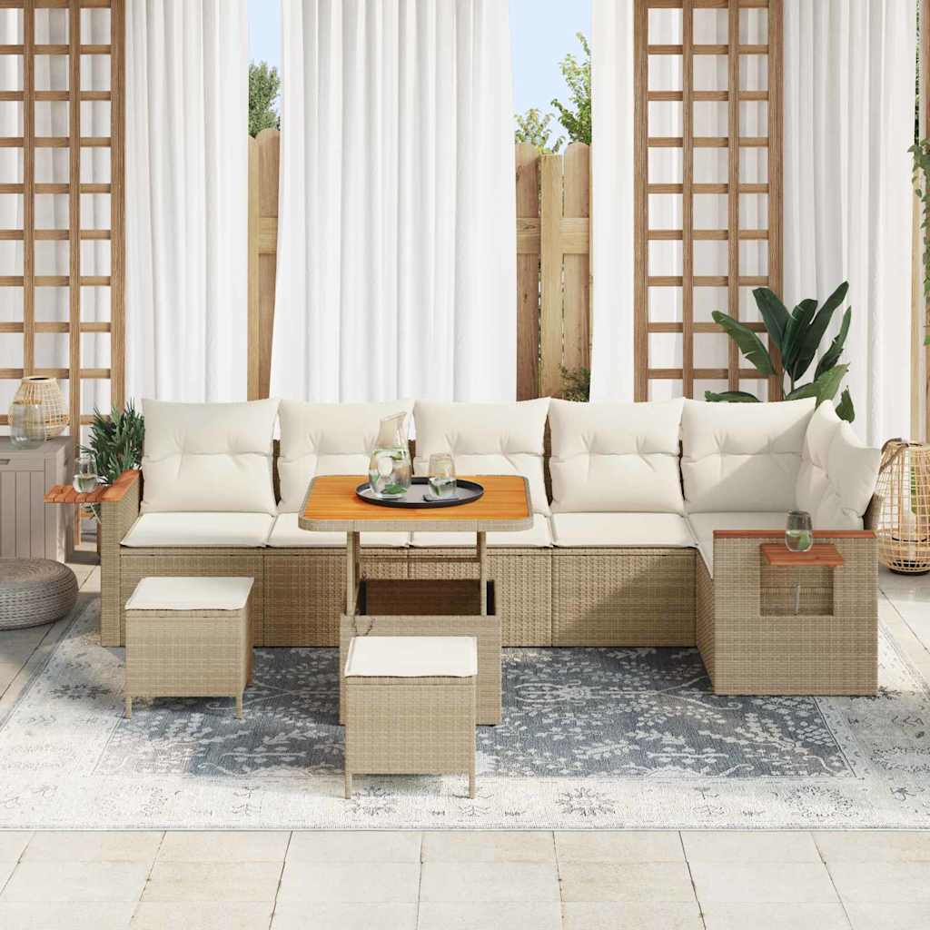 vidaXL 9 Delige Tuinsofa Set met Kussens in Beige, Poly Riet en Acacia