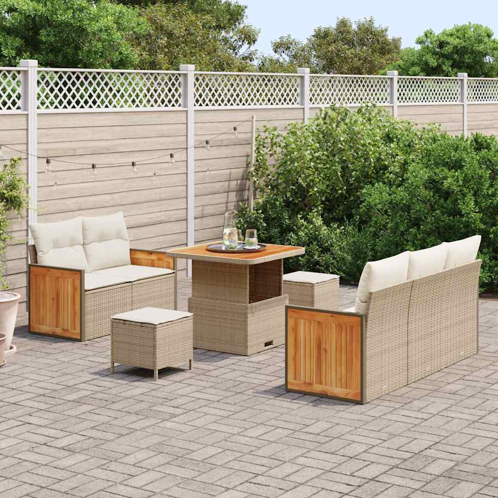 vidaXL 8-delige tuinbankset met kussens in beige poly riet en acacia