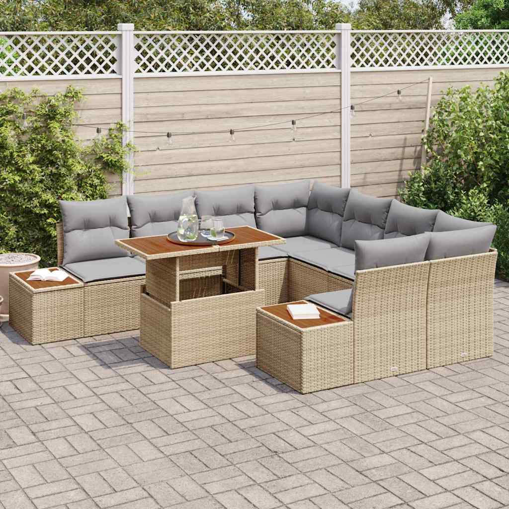 vidaXL 9-delige Tuinset met Kussens in Beige van Poly Rattan en Acacia
