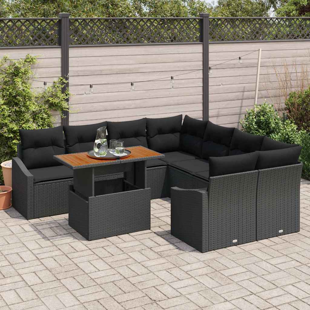 vidaXL 9-delige tuinset met kussens – zwart poly rattan en acacia