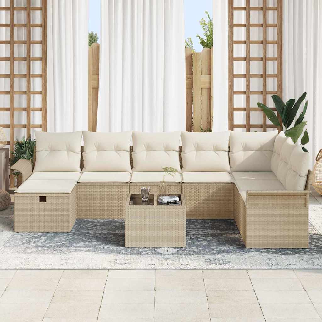 vidaXL 9-delige tuinset met kussens in beige poly rattan