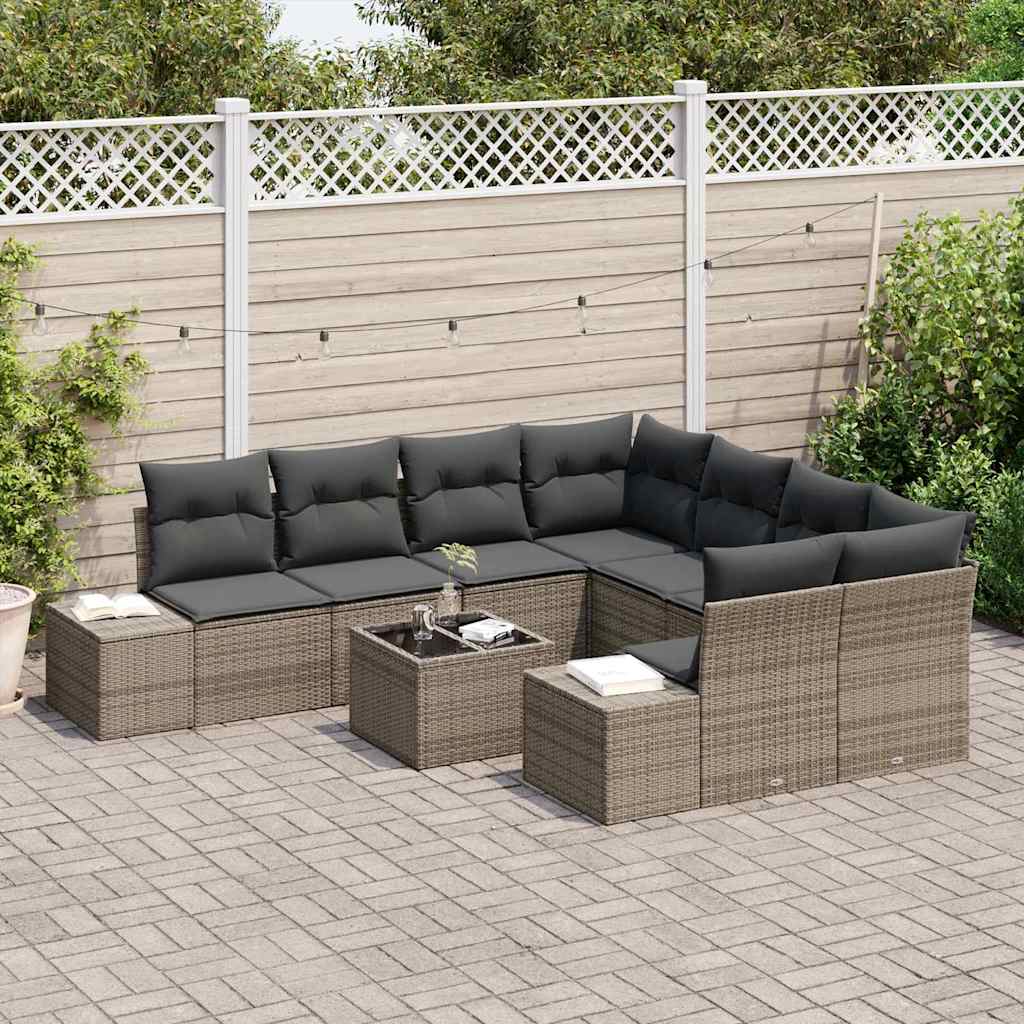 vidaXL 9-delige tuinbankset met kussens in grijs poly rattan