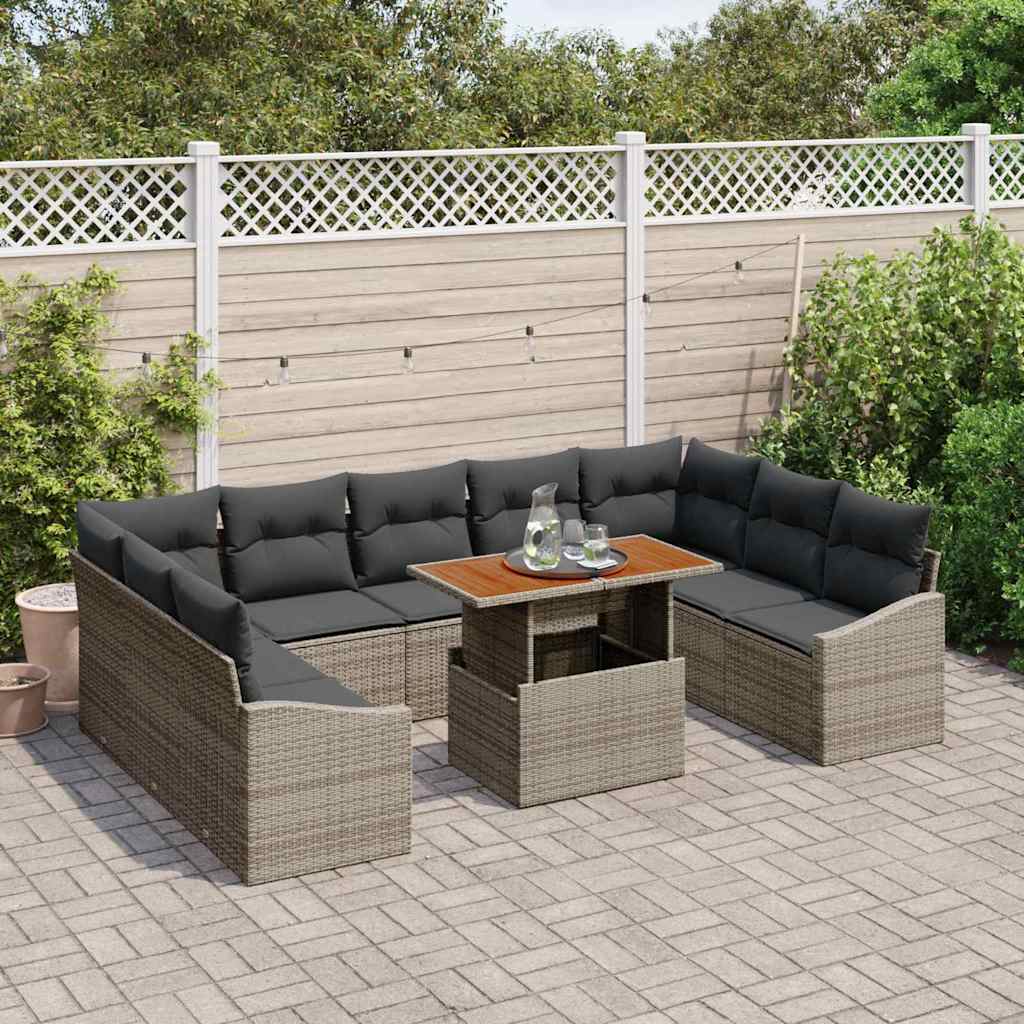 vidaXL 10-delige tuinset met kussens in grijs, van poly rattan en acacia