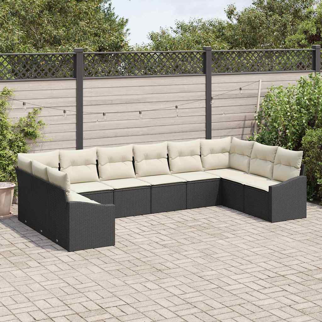vidaXL 10-delige tuinset met kussens zwart poly rattan