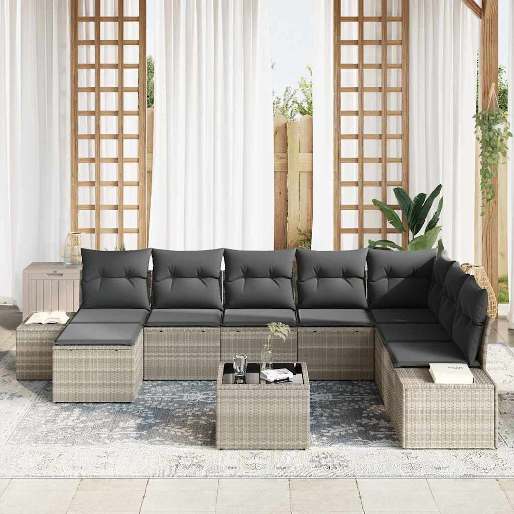 vidaXL 9-delige tuinset met kussens in grijs poly rattan
