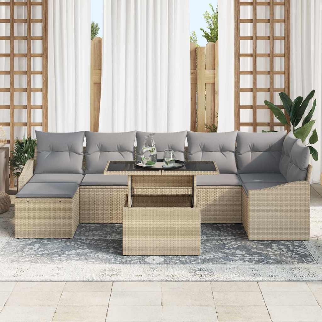 vidaXL 8-delige tuinset met kussens in beige poly rattan