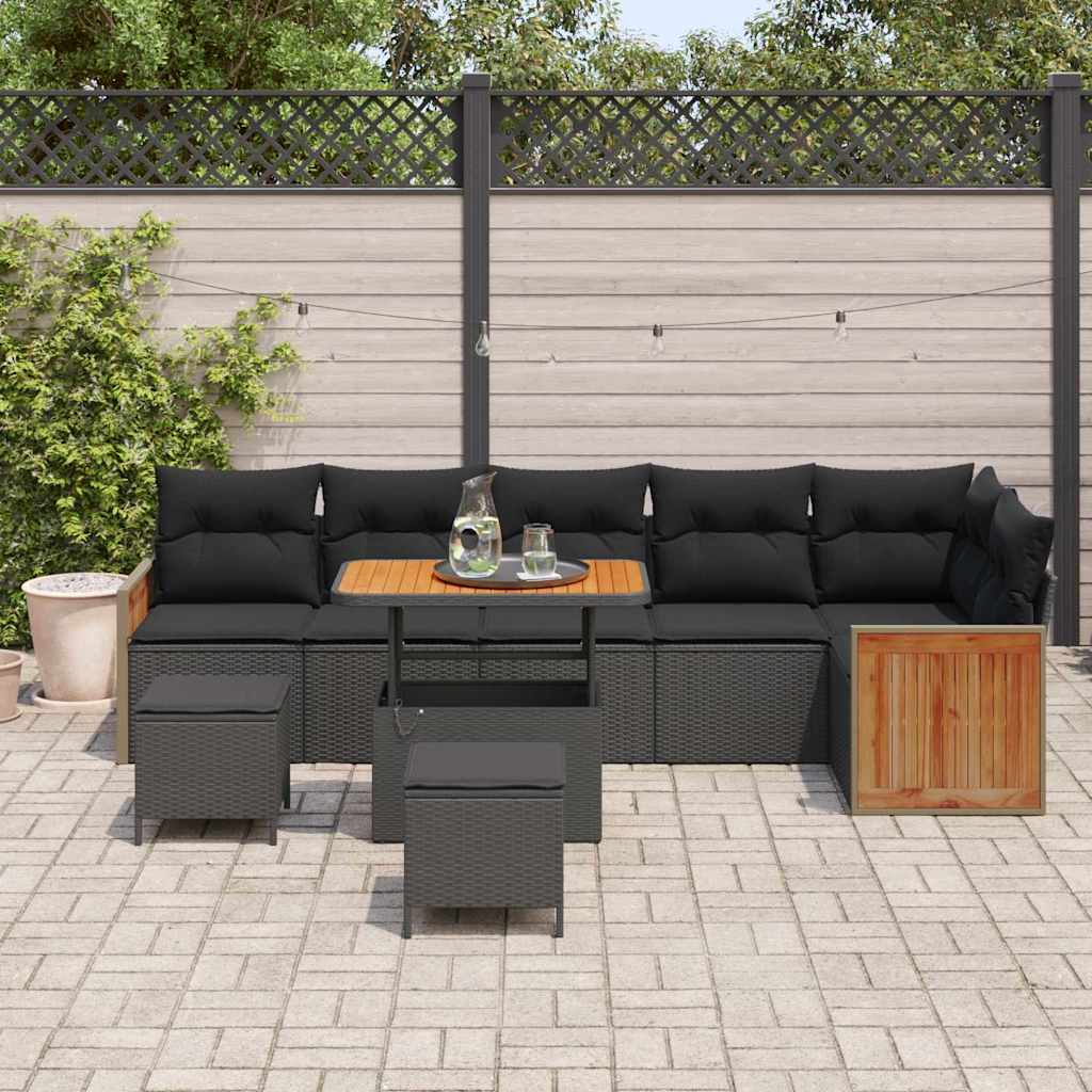 vidaXL 9-delige tuinset met kussens in het zwart van poly rattan en acaciahout.