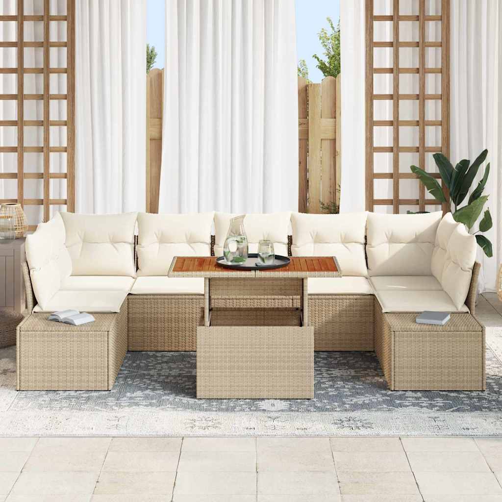 vidaXL 8-delige tuinset met kussens in beige van poly rattan en acacia