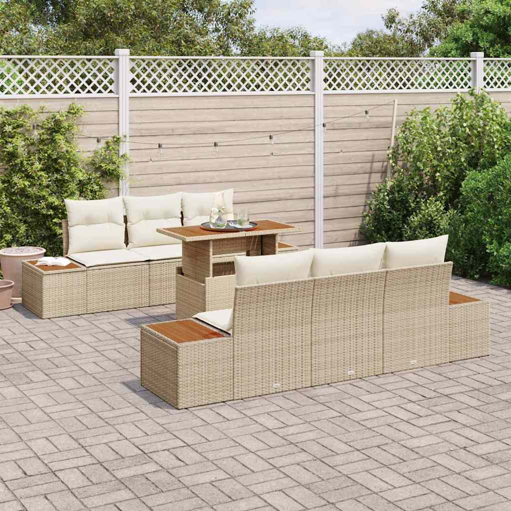 vidaXL 7-delige tuinset met kussens in beige van poly rattan en acaciahout