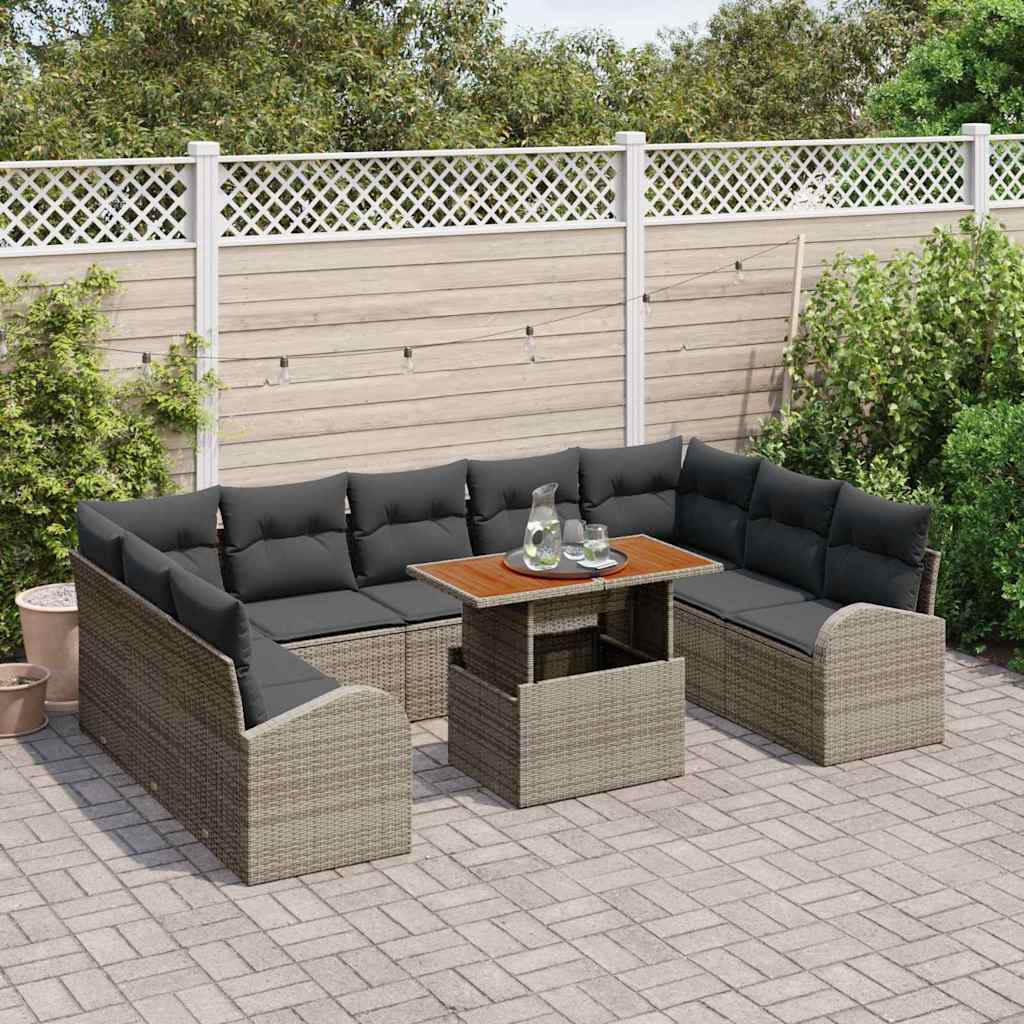 vidaXL 10-delige tuin eetset met kussens in grijs poly rattan en acacia