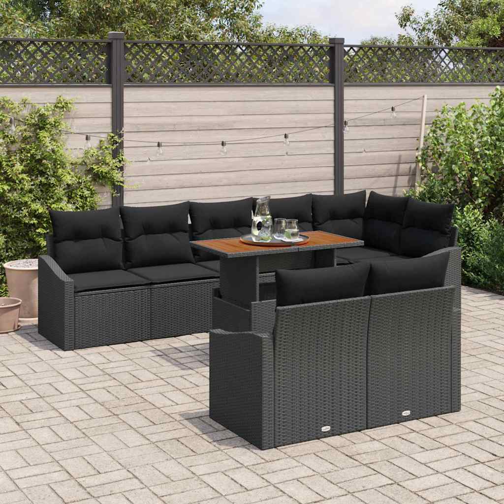 vidaXL 9-delige tuinset met kussens in zwart poly rattan en acacia