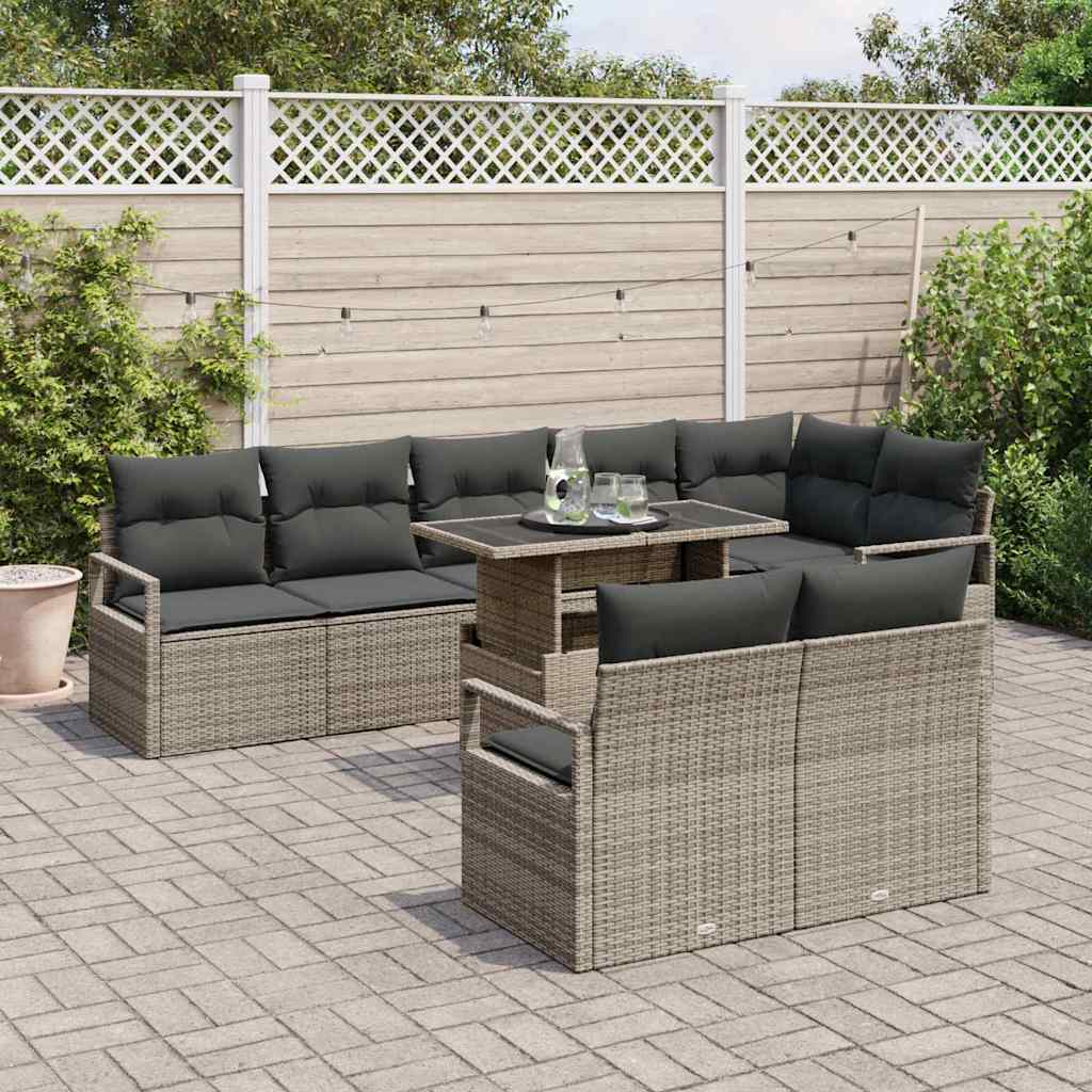 vidaXL 9-delige tuinset met kussens in grijs van poly rattan