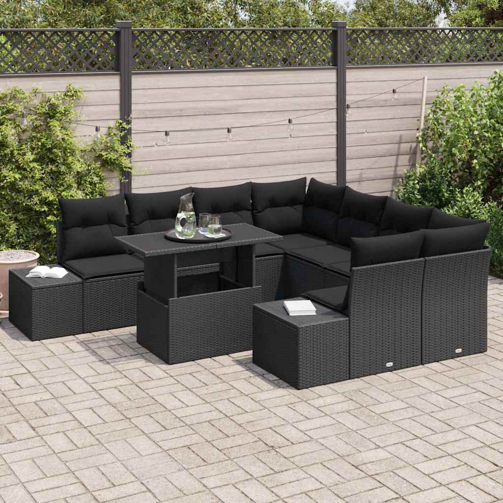 vidaXL 9-delige tuinbankset met kussens - zwart poly rattan