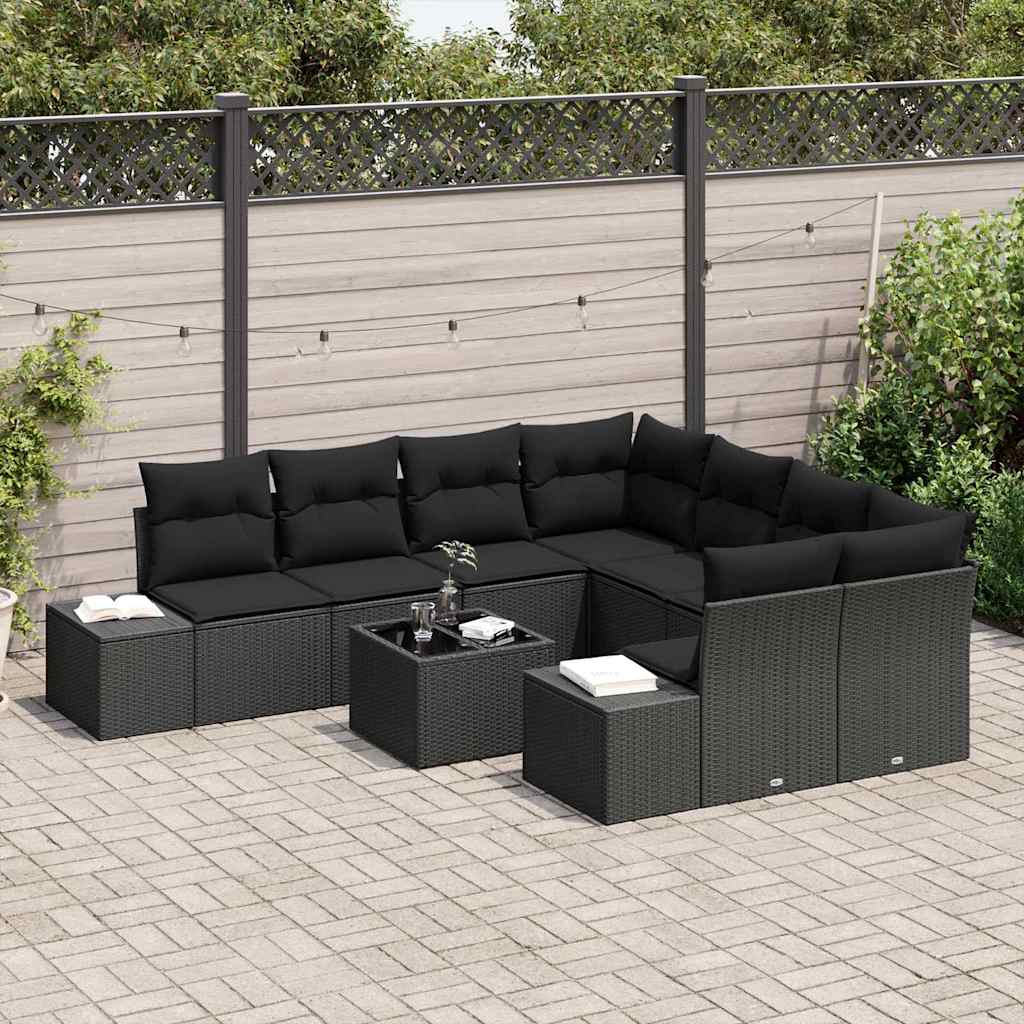 vidaXL 9-delige tuinset met kussens in zwart poly rattan