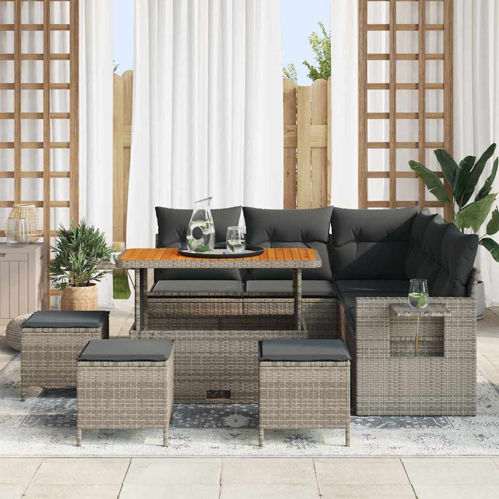 vidaXL 9-delige tuinbankset met kussens in grijs poly rattan en acacia