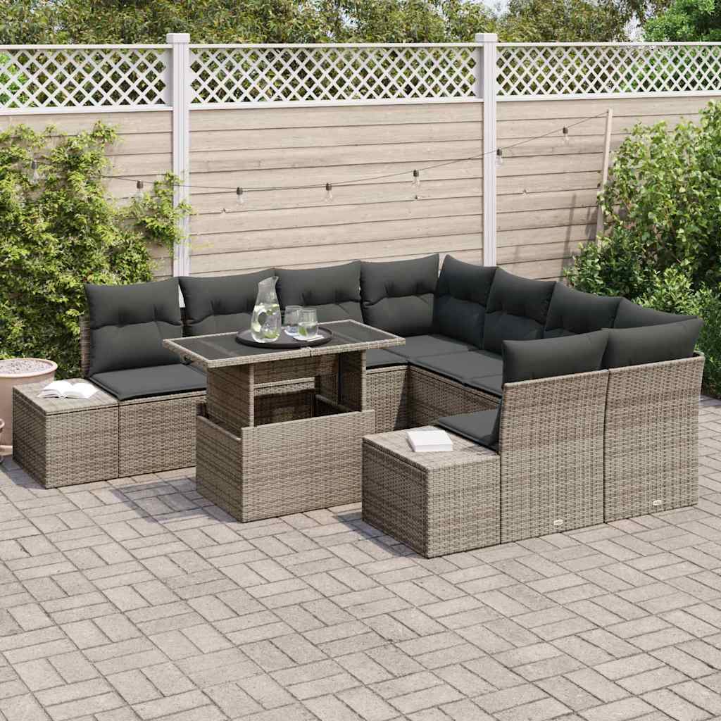 vidaXL 9-delige tuinset met kussens in grijs van poly rattan.