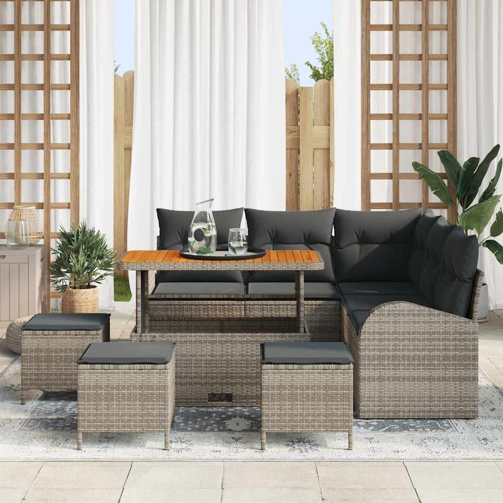 vidaXL 9-delige Tuinbankenset met kussens poly rattan acacia grijs