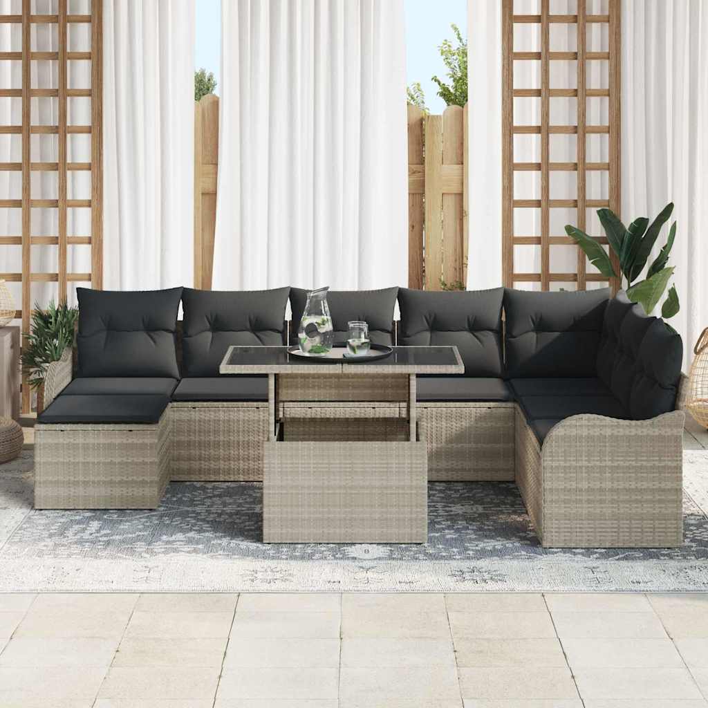 vidaXL 9-delige tuinset met kussens in lichtgrijs poly rattan