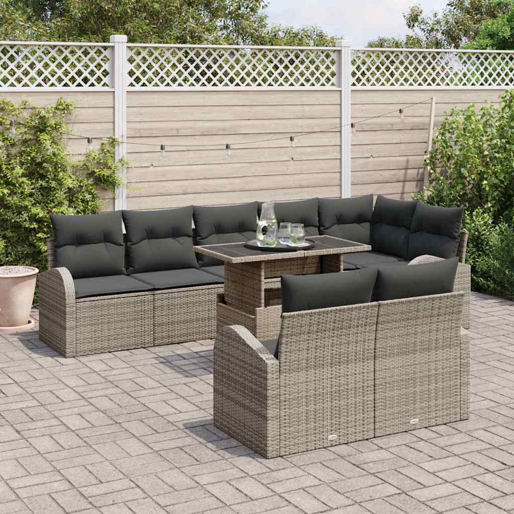 vidaXL 9-delige tuinsofa set met kussens in grijs poly rattan