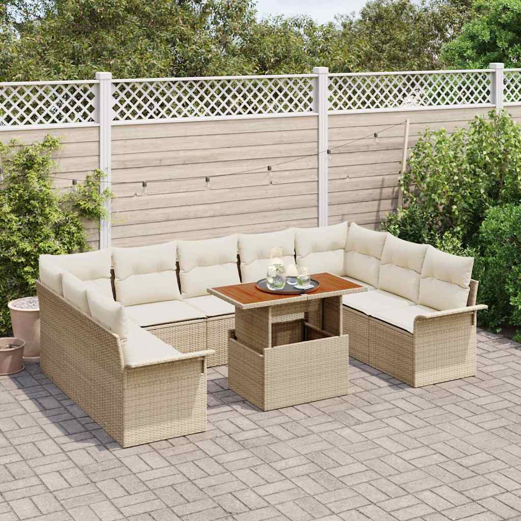 vidaXL 10-delige tuinset met kussens, beige poly rattan en acacia