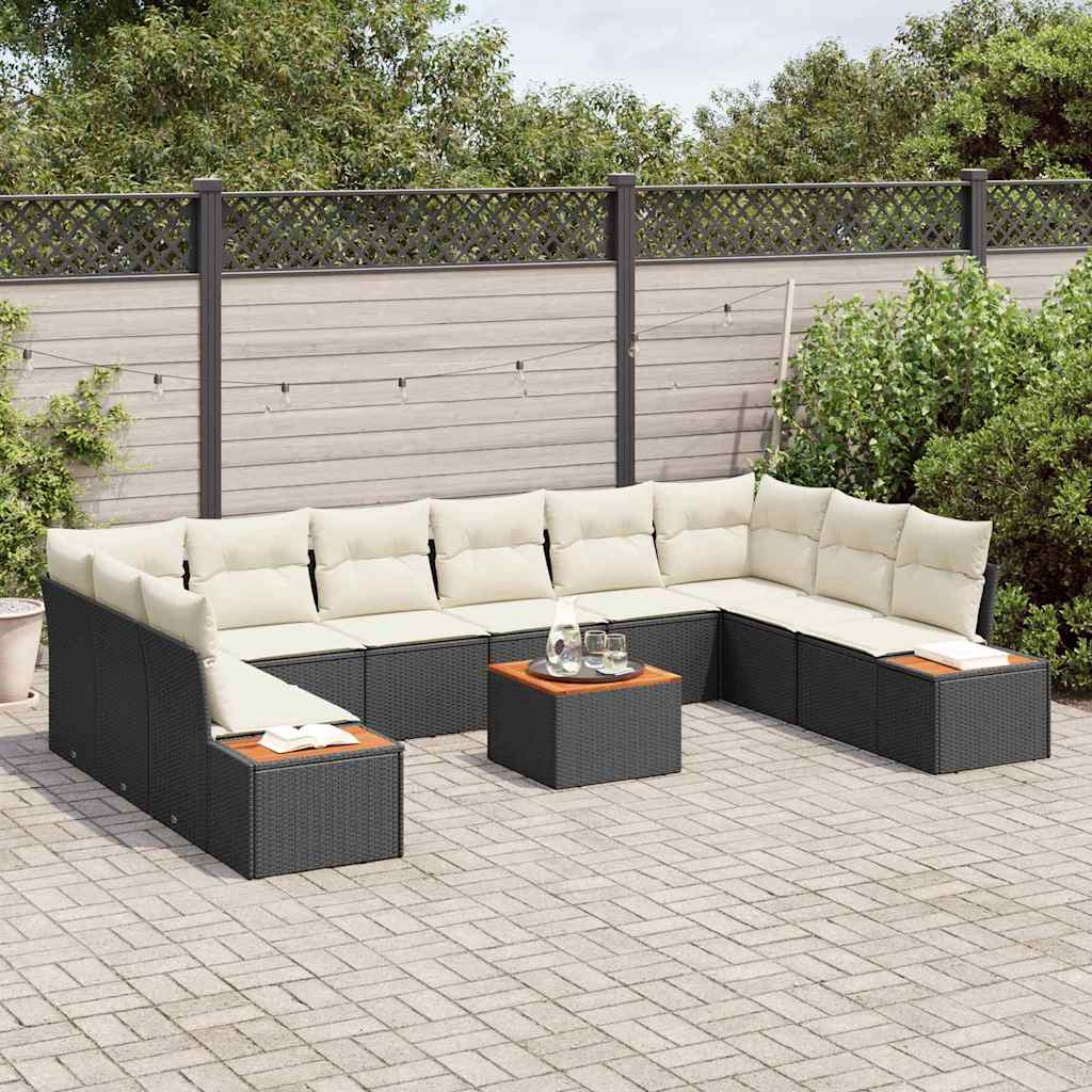 vidaXL 11-delige tuinset met kussens in zwart poly rattan en acaciahout