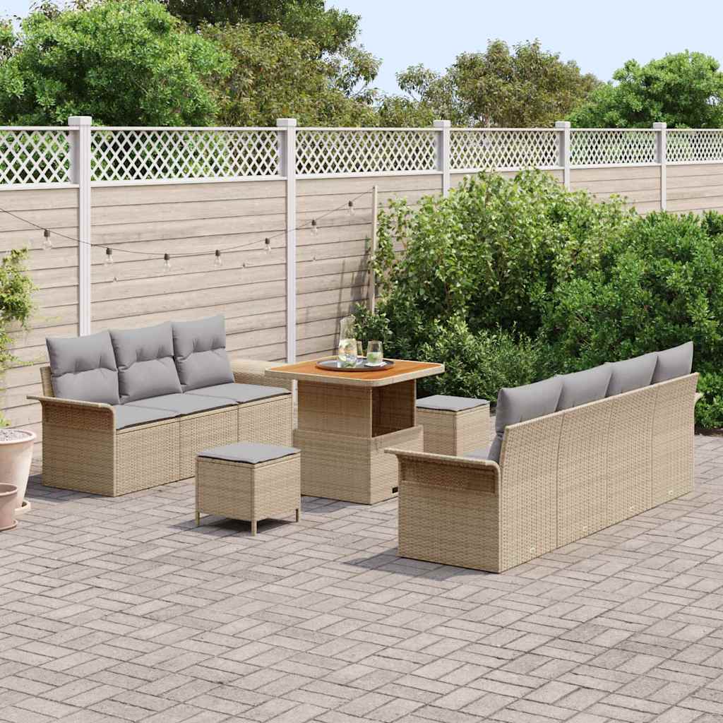 vidaXL 10-delige tuinsofa set met kussens in Beige van Poly Rattan en Acacia
