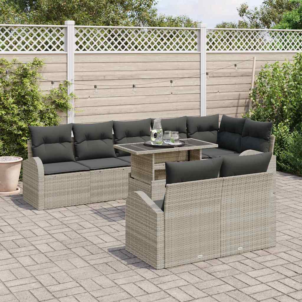 vidaXL 9-delige tuinset met kussens in lichtgrijs poly rattan