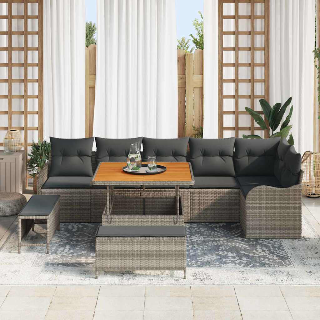 vidaXL 9-delige Tuinbankenset met kussens poly rattan acacia grijs