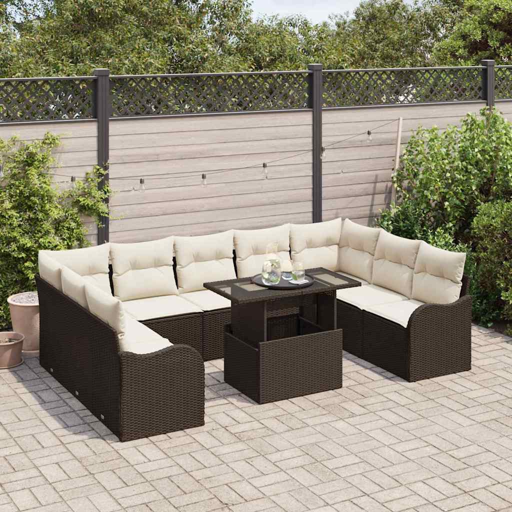 vidaXL 10-delige tuinset met kussens in bruin poly rattan