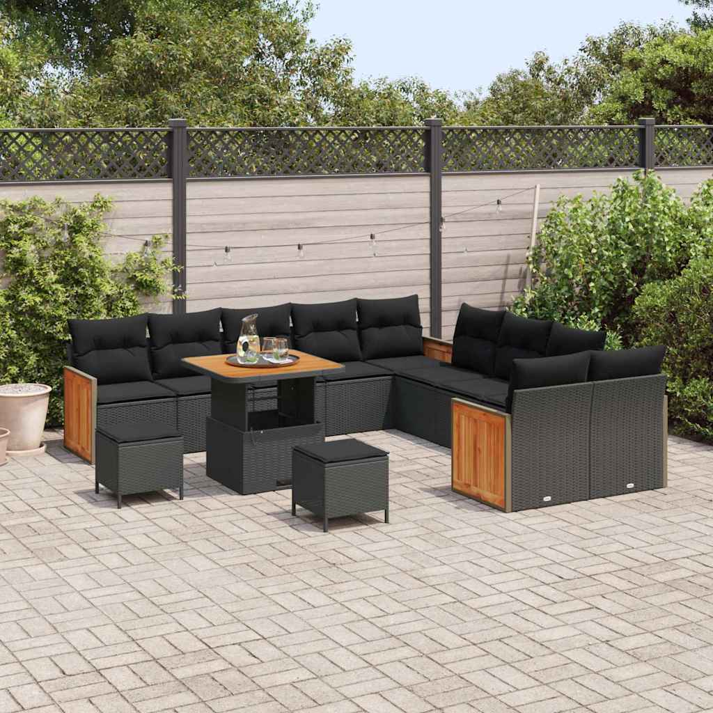 vidaXL 13-delige tuinset met kussens in zwart poly riet en acacia