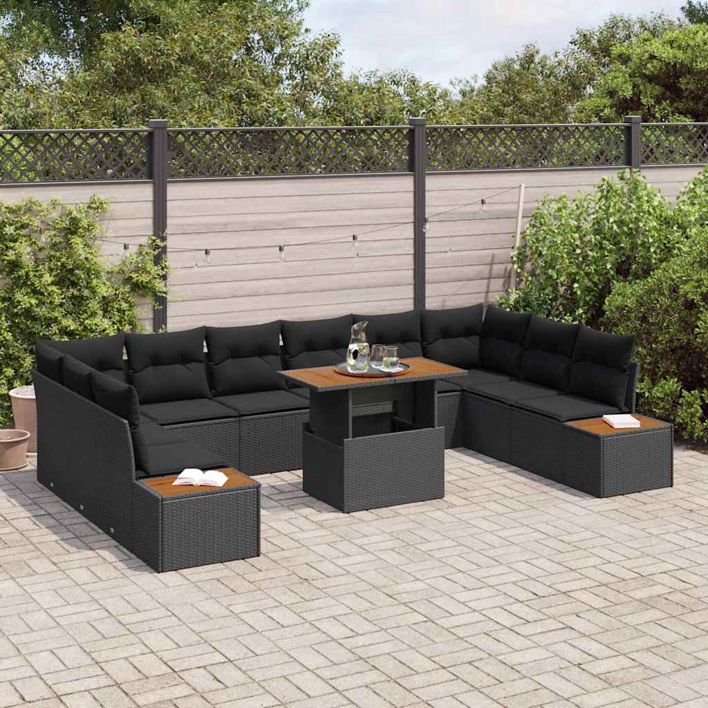 vidaXL 11-delige tuinset met kussens in zwart poly rattan