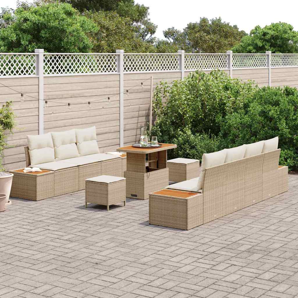 vidaXL 10-delige tuinset met kussens in beige van poly rattan en acacia