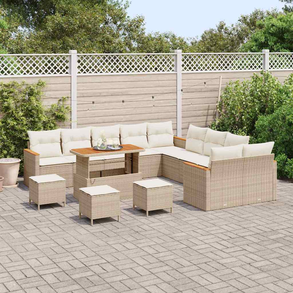 vidaXL 14-delige Tuinbankenset met kussens poly rattan acacia beige