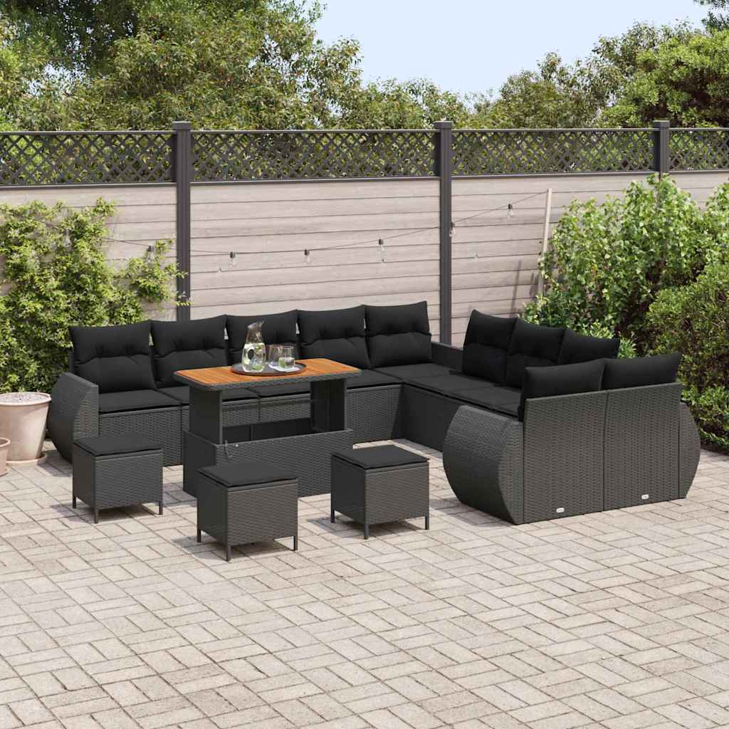 vidaXL 14-delige tuinsofa set met kussens in zwart poly rattan en acacia