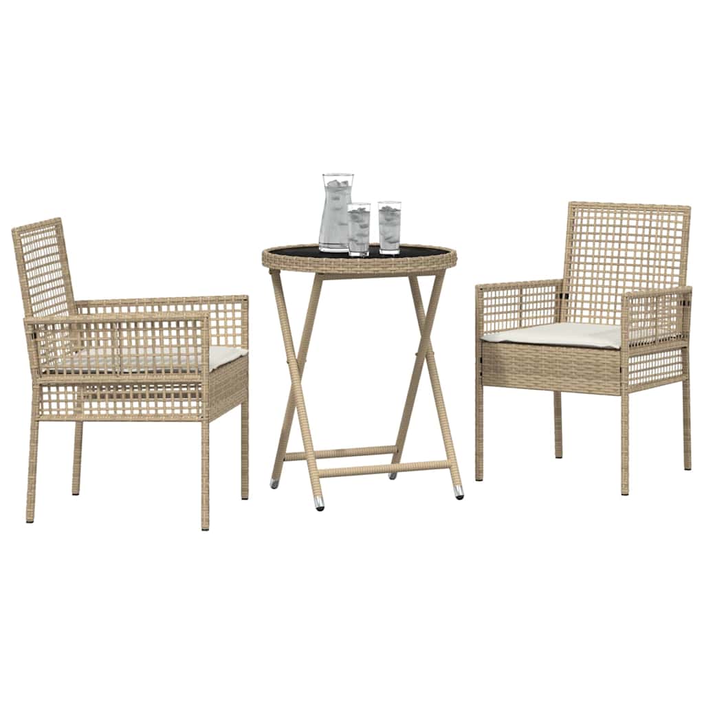 vidaXL 3-delige bistroset voor in de tuin met kussens in beige poly riet