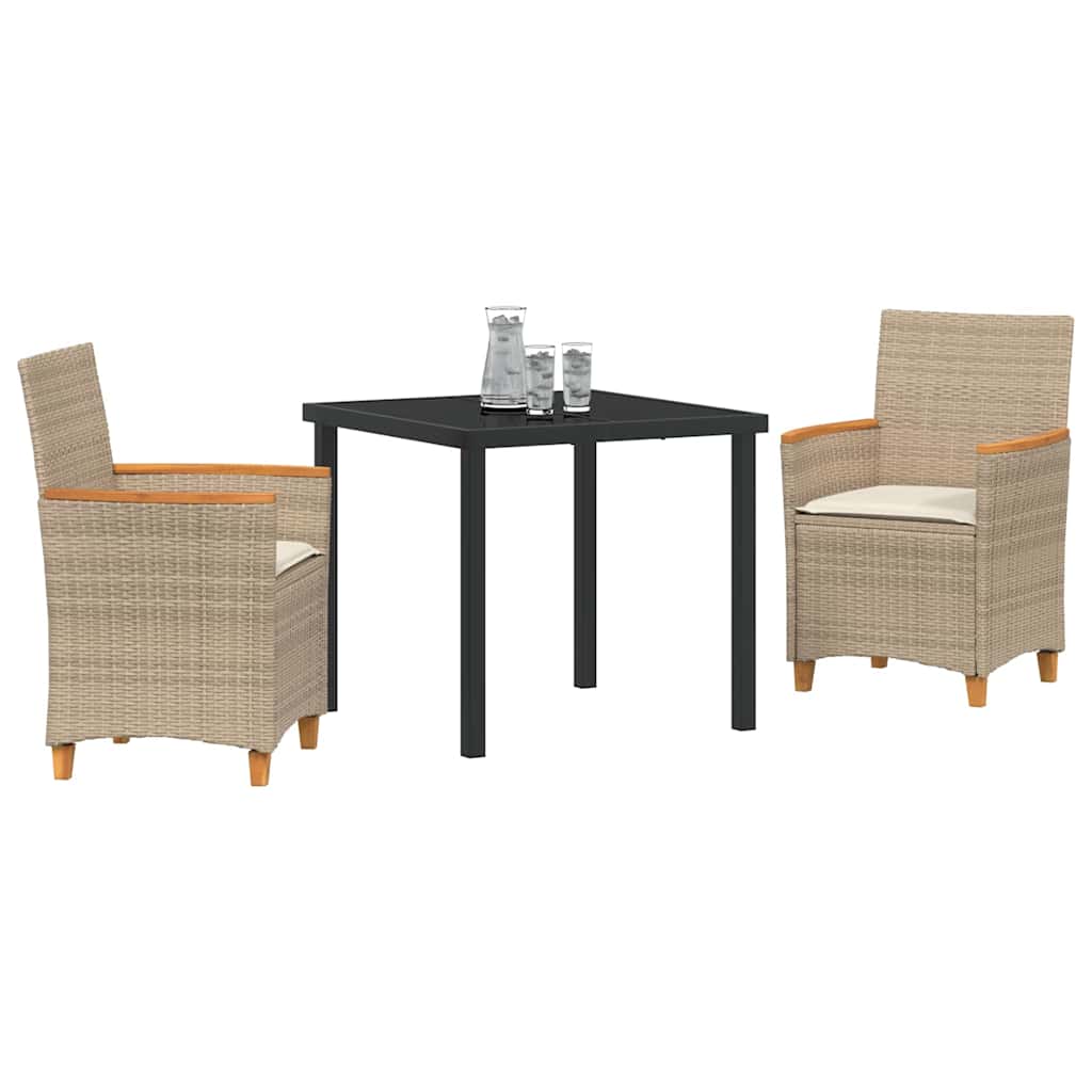 vidaXL 3-delige tuin eettafelset met kussens, beige poly riet.