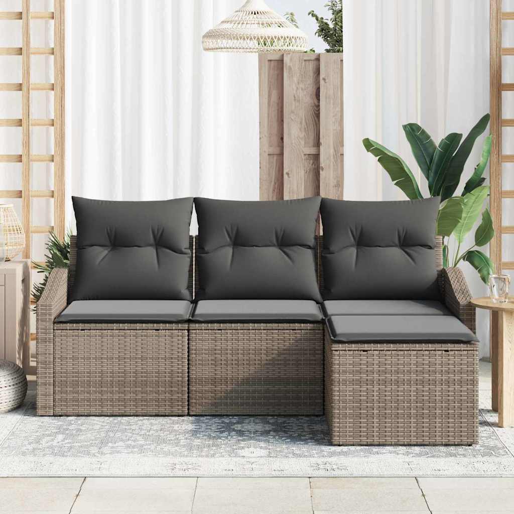 vidaXL 4-delige tuinset met kussens in grijs poly rattan