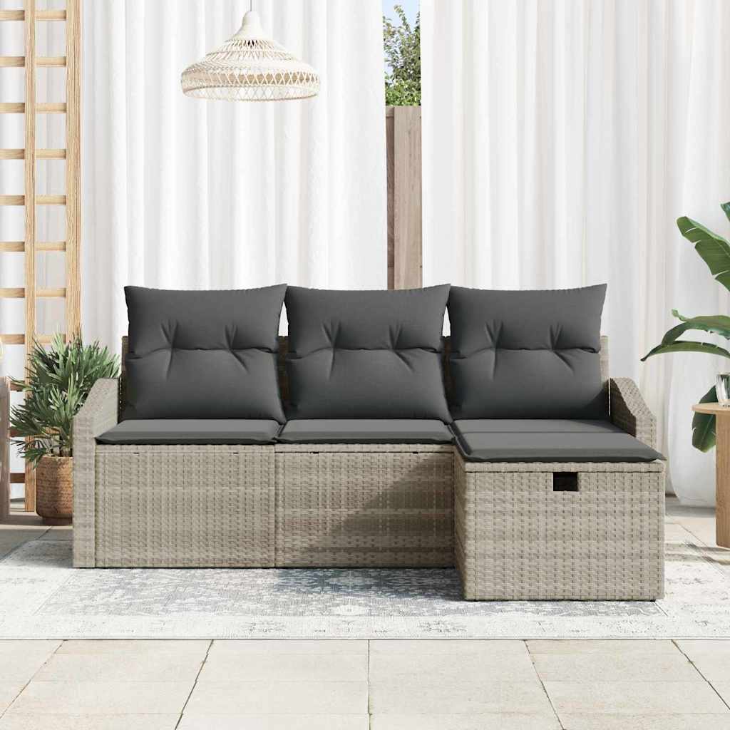 vidaXL 4-delige tuinset met kussens in lichtgrijs poly rattan