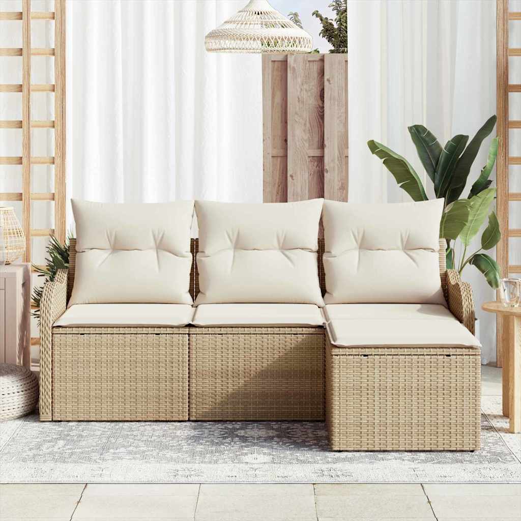 vidaXL 4-delige tuinset met kussens in beige poly riet